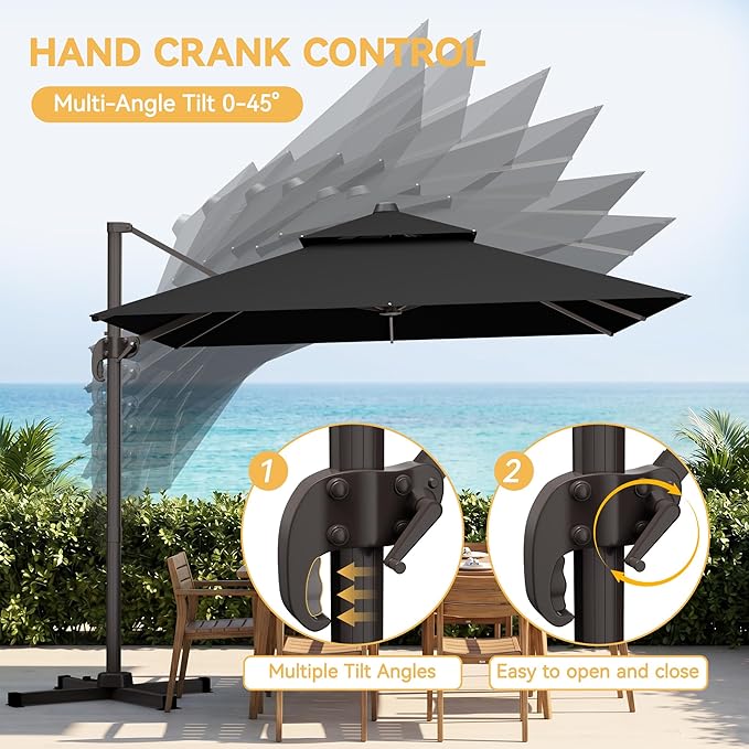 10x13 FT Patio Cantilever Umbrella (Base Not Included) (Base Not Included), Rectangular Heavy Duty Offset Umbrella for 8-10 People, 360°Rotation & Mult Tilt, Double Top Design, for Pool Garden Deck (Black)