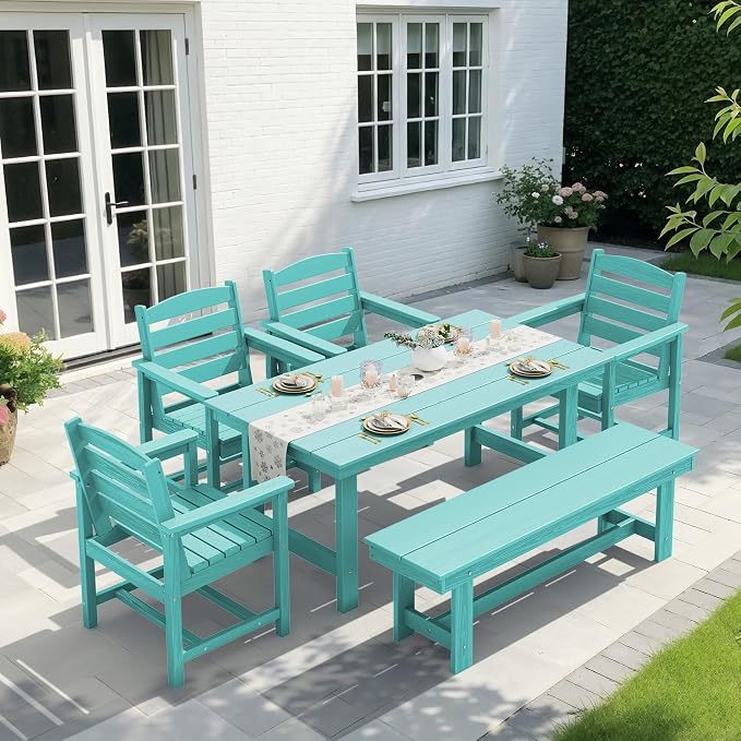 KINGYES 6-Piece Patio Dining Set, HDPE Outdoor Table and Chairs with Bench, Aruba