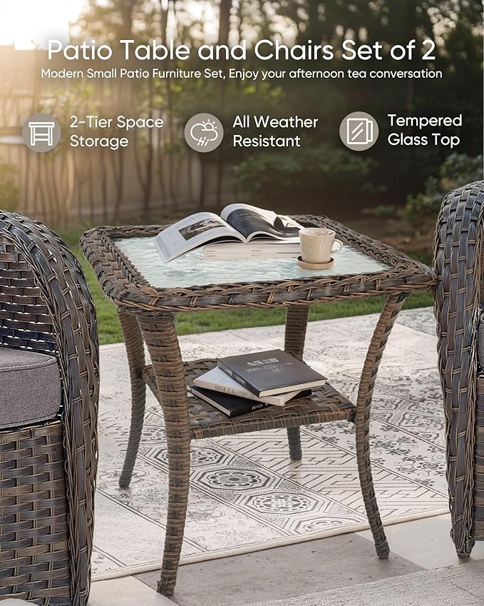 HUMMUH 5-Piece Patio Furniture Set with Fire Pit,Wicker Outdoor Swivel Rocker Chairs Patio Sofa for Backyard,Poolside,Deck,Brown Grey