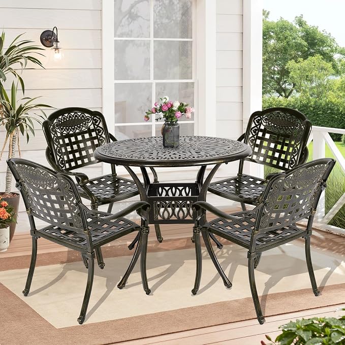 5-Piece Outdoor Patio Dining Set, All-Weather Cast Aluminum Patio Furniture Table and Chairs Set with 2" Umbrella Hole, 35.4" Round Table and 4 Chairs for Backyard Garden Deck