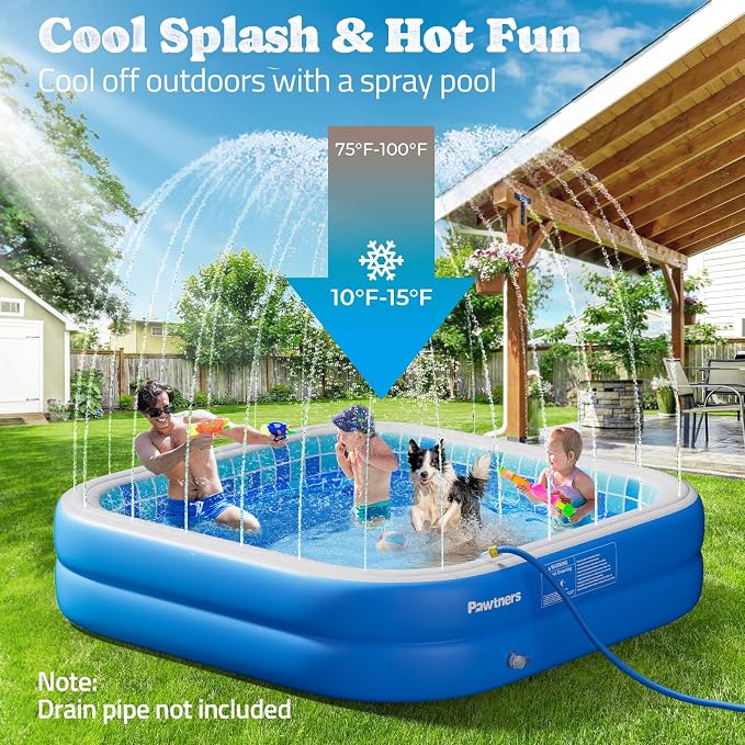 Inflatable Pool for Kids, Non-Slip Sprinkler Splash Pad for Backyard, Thickened PVC Kiddie Pool for Indoor Outdoor, Chew Proof Blow up Pond, Small Swimming Pool for Dog Bathtub (Blue 64.2x12.2in)