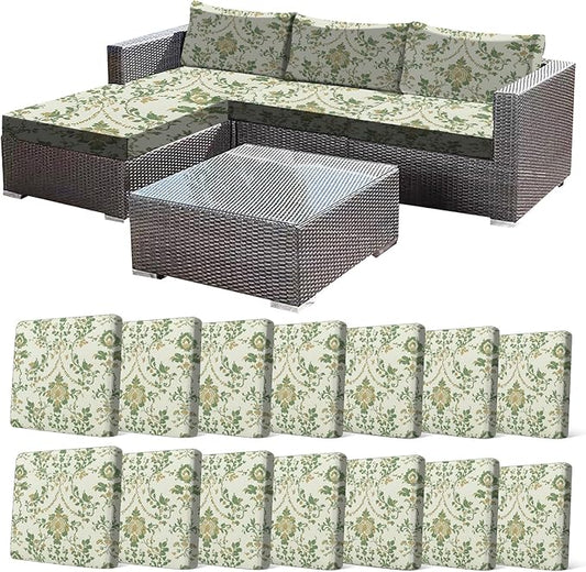 CALBODE 14 Pcs Stretch Outdoor Seat Cushion Covers, Washable Chair Seat Cover for Patio Furniture Cushions Soft Indoor and Outdoor Couch Cover Replacement (Green Vines, Cover Only)
