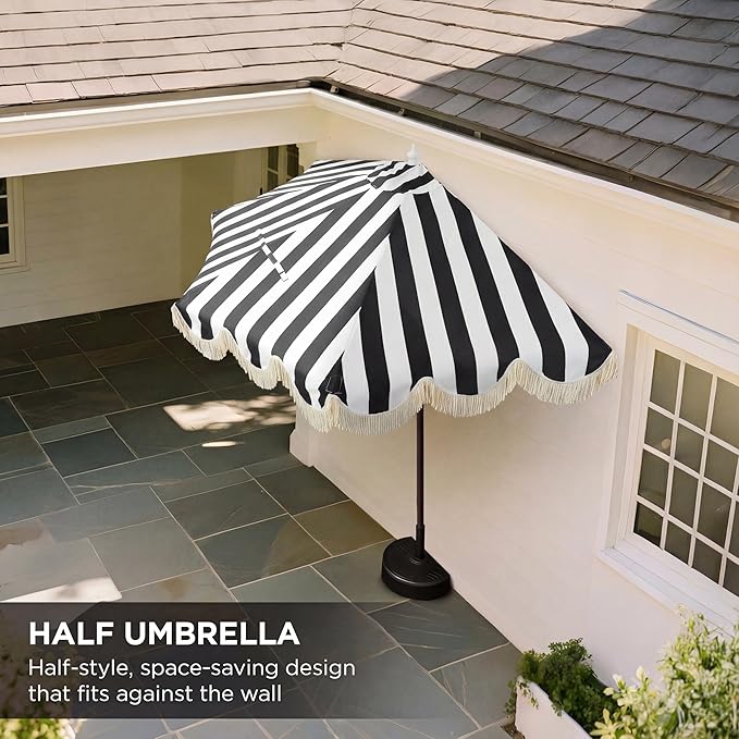 JONATHAN Y Beverly 9 ft. Coastal Black and White Striped Half Patio Umbrella with Scalloped Fringe, Crank Lift, and Manual Tilt for Balcony, White Pole UMB1201H