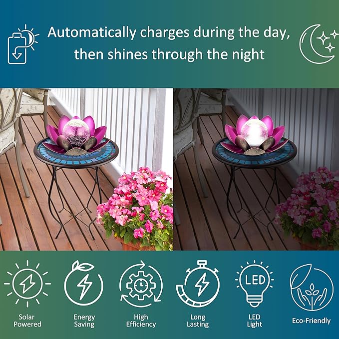 MCSLOTUS-V Violet Lotus Flower Solar LED Garden Light with Crackled Glass Globe – Waterproof Metal Outdoor Décor