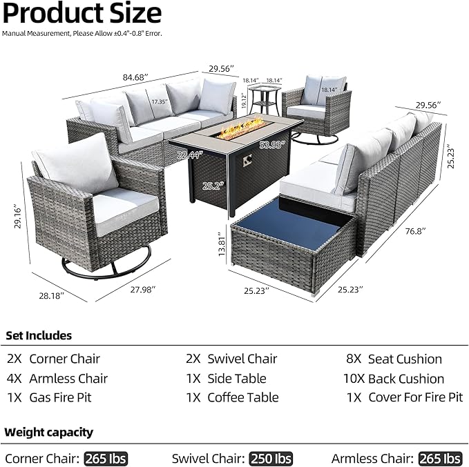 11 Piece Outdoor Patio Furniture Set with 53" Fire Pit Table, Wicker Sectional Conversation Set Whit Swivel Chairs,Modern Outside Sofa for Balcony Backyard(Gray)