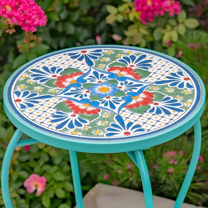 Zaer Ltd. Mosaic Tile Furniture with Teal Metal Frame and Patterned Tile Tops (Baton Rouge - Teal/Blue/Green, Pedestal Plant Stand)