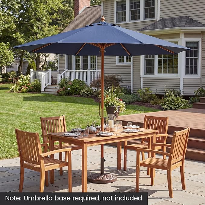 HAPPYGRILL 9 FT Patio Umbrella, Outdoor Table Market Umbrella with 8 Sturdy Bamboo Ribs, Wood Pole, Sun-Protective Double-Tier Canopy, Air Vent, Sunshade Parasol for Garden Deck Backyard Pool (Navy)