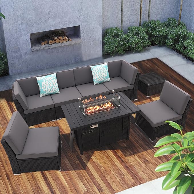 Patio Sofa Set with 46 Inch Firepit Table Coffee Table Outdoor Sectional Patio Conversation Set Patio Furniture All Weather/Thick Cushion/ 8 PCS Rattan Outdoor Sofa