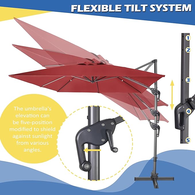 Sunnyglade 10x10Ft Cantilever Patio Umbrella Square 360° Rotation & Integrated Tilting System Offset Umbrella with 8 Sturdy Ribs, Fade-resistant & Waterproof for Garden Backyard Poolside Deck