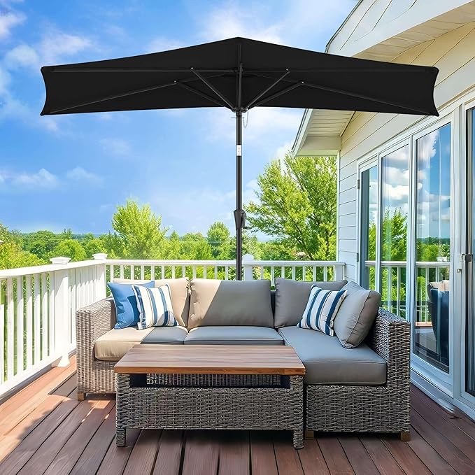 9ft Half Umbrellas Outdoor - Half Patio Umbrella with Tilt, UV Protection Waterprool, Half Round Umbrella for Wall Balcony, Pool, Porch, Garden, Deck, Backyard (Black)