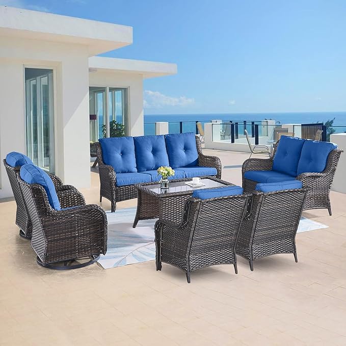 Belord Outdoor Furniture Wicker Conversation Sets - 7 Piece Patio Rattan Furniture Sets with Swivel Rocker Chairs Outdoor Sofa for Porch Deck Backyard Brown/Blue