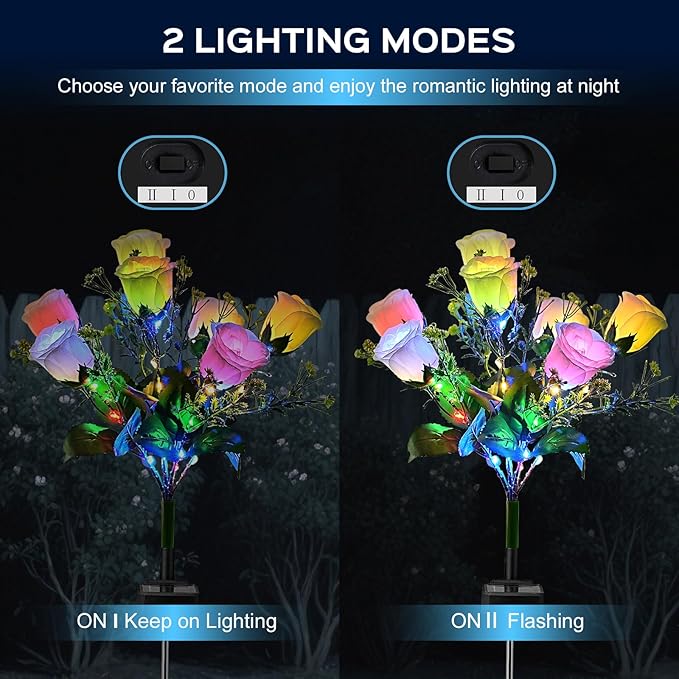 2 Pack Solar Garden Lights Outdoor, LED Colorful Waterproof Solar Powered Rose Flowers Landscape Lights for Outside Yard, Patio, Pathway Decorative, Décor, Gifts, Two Lighting Modes