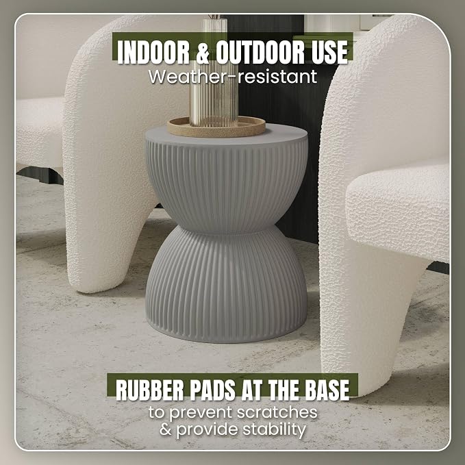 LeisureMod 15" Round Hourglass Fiberstone Side Table, Modern Accent End Table for Indoor Outdoor Use, Durable Small Table for Living Room, Patio, Balcony, or Garden - Grey
