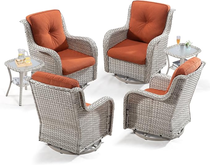 Joyside Outdoor Rocker Swivel Patio Chairs Set of 4 with 2 Matching Side Tables - 6 Pieces Patio Wicker Conversation Set with Premium & Soft Fabric Cushions(Light Grey/Orange)