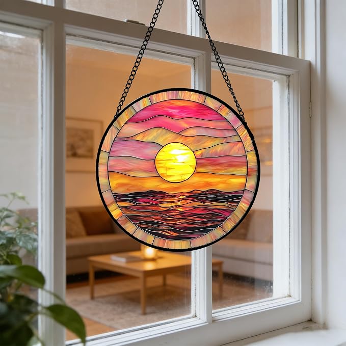 DASTOLL Stained Glass Window Hanging, Sunrise Sea Surface Sun Catchers Diamond Glass Panel Hangings Abstract Suncatcher Decor for Birthday for Women, Men, Wife, Aunt, and Mom 9.8 in