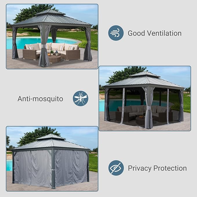 Domi 12' X 12' Hardtop Gazebo, Upgraded Metal Gazebo with Drainage System, Dual-Layer Galvanized Steel Roof, Curtain and Netting, Outdoor Shelter Canopy for Patio, Garden, and Backyard, Grey