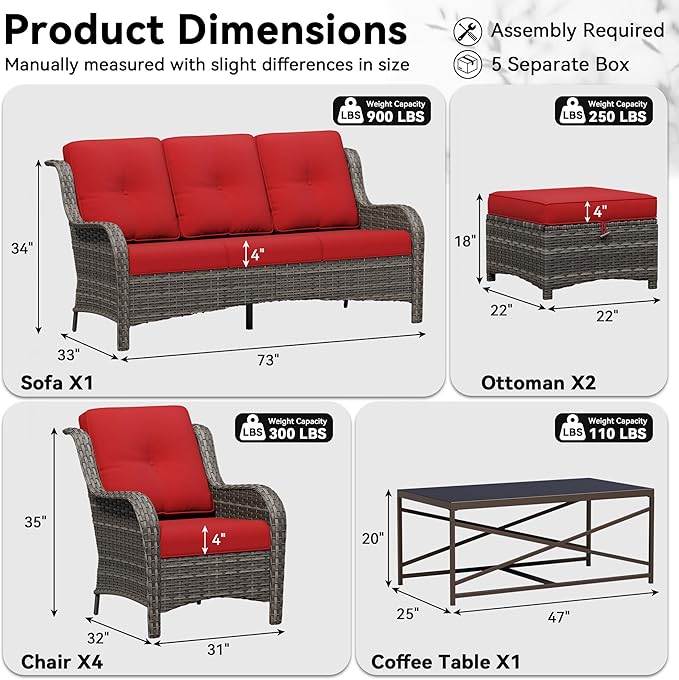 8 Piece Outdoor Wicker Patio Furniture Set, Patio Chairs Set with Thickened Olefin Cushions, High Back and Deep Seating, Hand-Woven PE Rattan, Ottoman for Porch, Deck