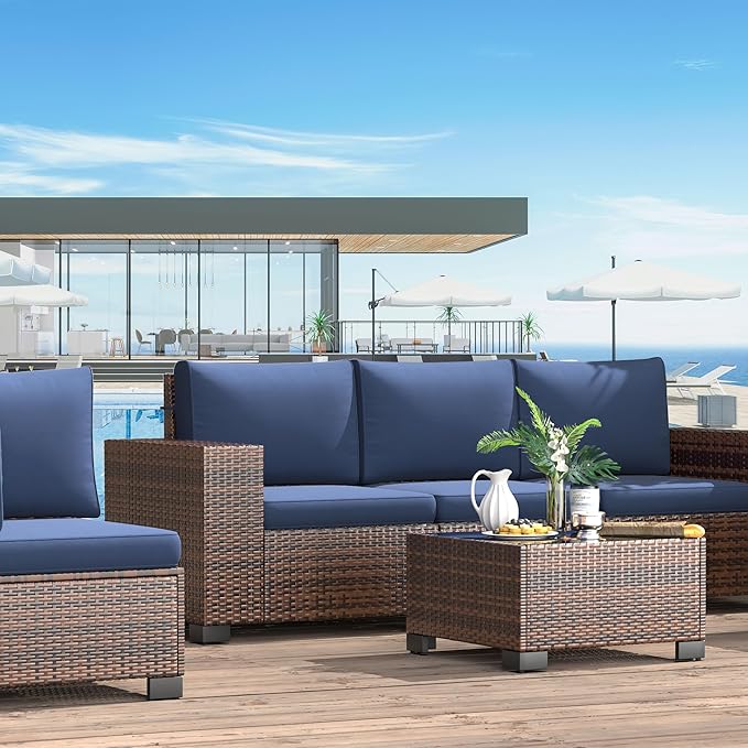 Patio Furniture Set, 12 Pieces Outdoor Sectional Sofa Conversation Sets with Waterproof Cover Modern Wicker Seating Set, 4'' Thickened Cushions & 2 Glass Coffee Table, Navy Blue
