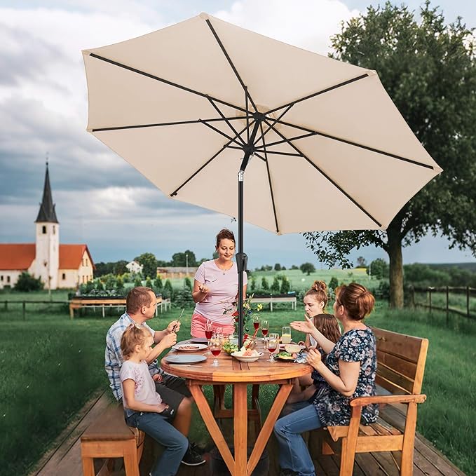 FLAME&SHADE 10 FT Solar Light Patio Umbrella, 40 LED lights outdoor umbrella with Centre Surround Light, Table Market Umbrella for Deck, Pool, Porch, Backyard, Garden, UV Protection, Beige