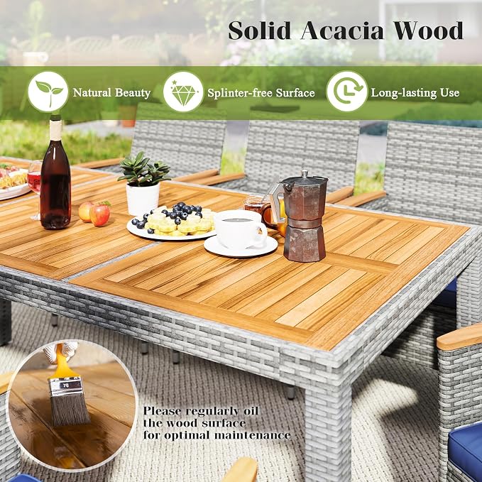 KOTEK Outdoor Dining Set for 8, Wicker Patio Dining Table and Chairs Set with Cushions & 2'' Umbrella Hole, 9 Pcs PE Rattan Patio Furniture Set for Garden, Deck, Backyard (Navy)