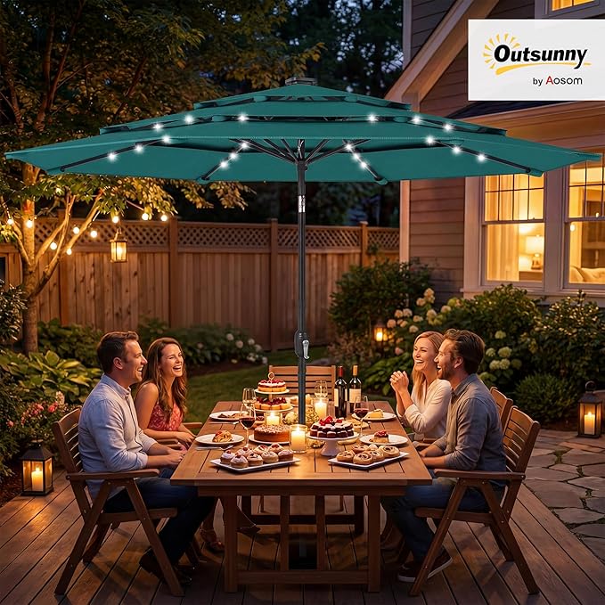 Outsunny 9.7 ft Outdoor Patio Umbrella with 32 Solar LED Lights, 3 Tier Outdoor Table Market Umbrella with Tilt and Crank, 8 Ribs for Garden, Deck, Yard, Poolside