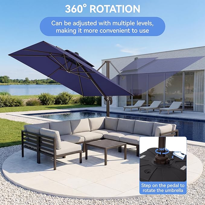 10x10FT Navy Blue Cantilever Outdoor Patio Umbrella with Base, Large Square Offset Design, Double Top Heavy Duty Aluminum Frame & 360° Rotation for Pool Garden Deck Backyard