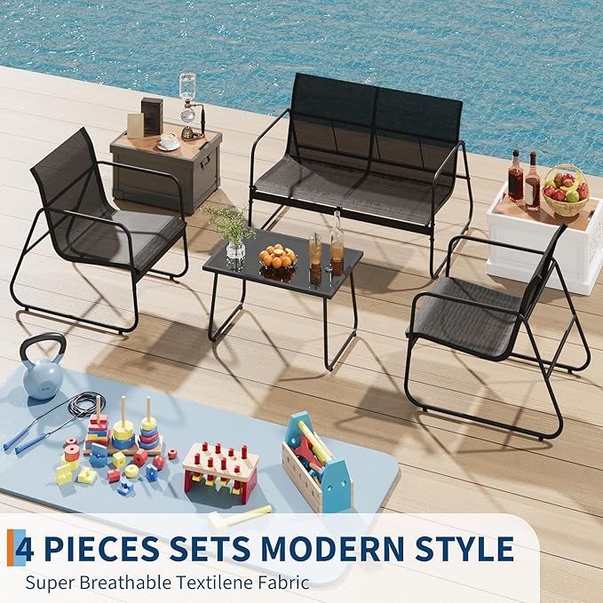 GAOMON 4 Piece Patio Textilene Conversation Set with 2 Chairs and Love Seat, Outdoor Conversation Set with Single Chairs and Glass Top Coffee Table for Backyard Porch Lawn Balcony, Black