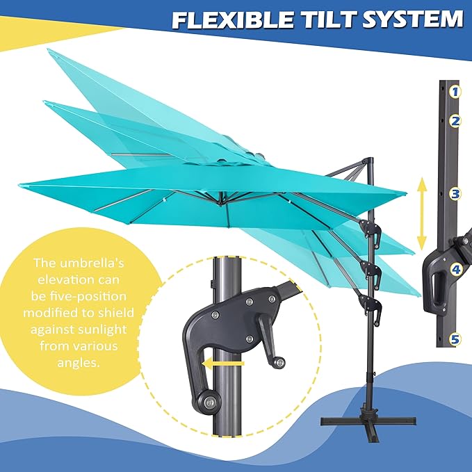 Sunnyglade 10x10Ft Cantilever Patio Umbrella Square 360° Rotation & Integrated Tilting System Offset Umbrella with 8 Sturdy Ribs, Fade-resistant & Waterproof for Garden Backyard Poolside Deck