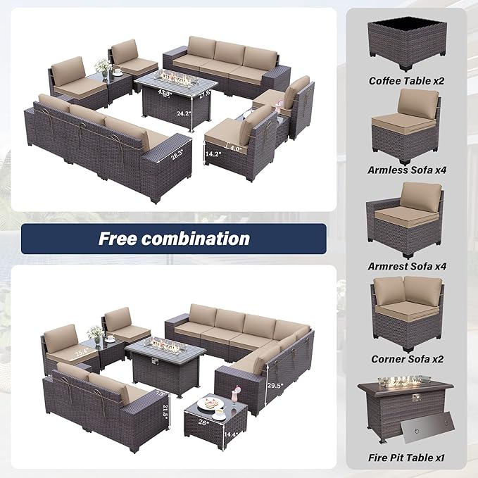 Patio Furniture Sectional Sofa Set 13PCS PE Rattan Patio Conversation Set w/43in Gas Fire Pit Table, Outdoor Furniture with 55000 BTU Propane Fire Pit, Sand