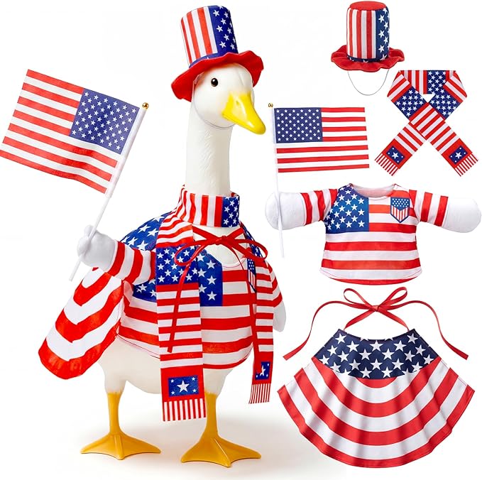 Mastom 4th of July Porch Goose Outfit for 23 Inch Goose Statue, Patriotic Red White Blue Goose Clothes with Flag for Outdoor Garden Patio Decor, USA 250th Anniversary Merchandise