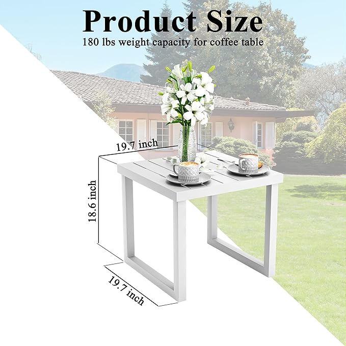 20" Aluminum Outdoor Side Table with Tapered Legs, Square Patio End Table with Geometric Slatted Top, All-Weather Coffee Table for Garden, Deck and Porch, White