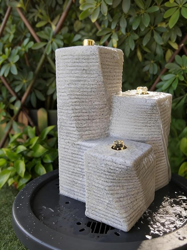 Modern Outdoor Garden Fountain with Flowing Water, 3-Tier Square Resin Water FeatureElectric Patio Yard Fountain with Circulating Pump, Contemporary Stone Look Decor