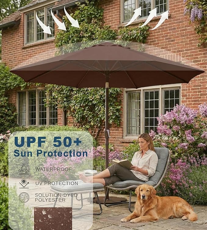 PatioKingdom 9FT Patio Outdoor Umbrella-UPF 50+ Sun Shade with Wind Vent, Push-Button Tilt & Smooth Crank Lift, Rust-Resistant Fiberglass Frame for Garden, Backyard,Yard (Brown)