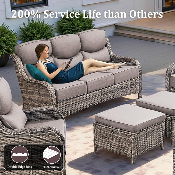Luxury High Back Patio Furniture Set with 6-Inch Thick Cushions, 4-Pieces Outdoor Furniture with Swivel Chairs, Wicker Conversation Set for Porch, Balcony, Deck and Yard, Grey