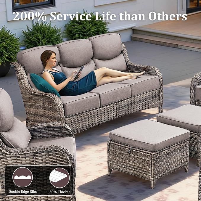 Luxury High Back Patio Furniture Set with 6-Inch Thick Cushions, 5-Pieces Outdoor Furniture with Swivel Chairs Fire Pit, Wicker Conversation Set for Porch, Balcony, Deck and Yard, Grey