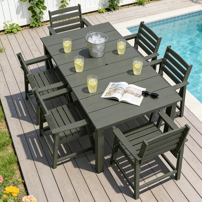 PLUUV 7-Piece Outdoor Patio Dining Set, All-Weather HDPE Dining Furniture Set with Umbrella Hole Cut-Out Table, Aluminum Table Legs, and 6 Chairs, Waterproof & Easy Clean for Backyard, Garden, Grey