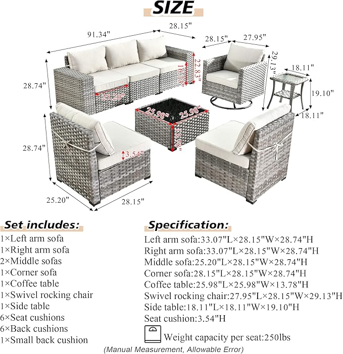 HOOOWOOO Outdoor Patio Sectional Furniture Sofa Set with Swivel Rocking Chair,8 Piece Modern Wicker Couch with Widened Armrest,Modular Conversation Seating Set for Garden(Beige Tan)