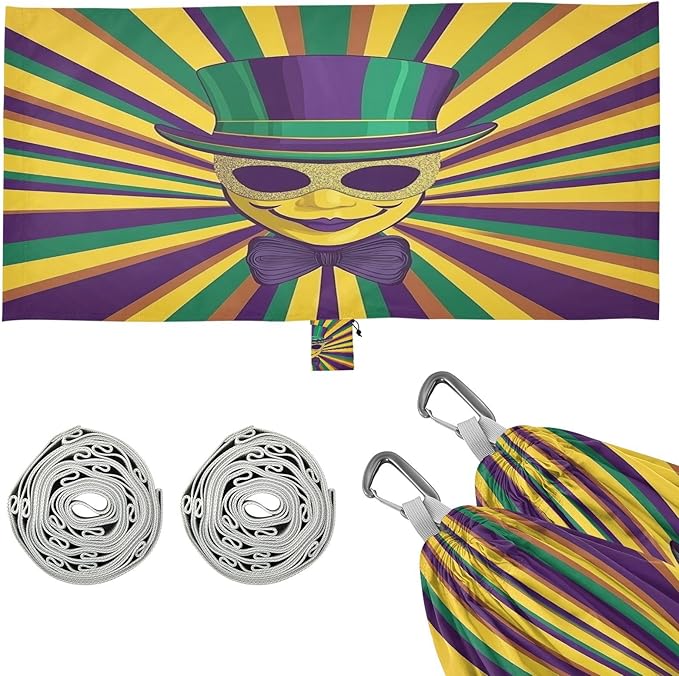 Mardi Gras Carnival Tie Masks Hats Outdoor Hammock with Tree Straps Tree Hammock for Outside Beach Patio Garden
