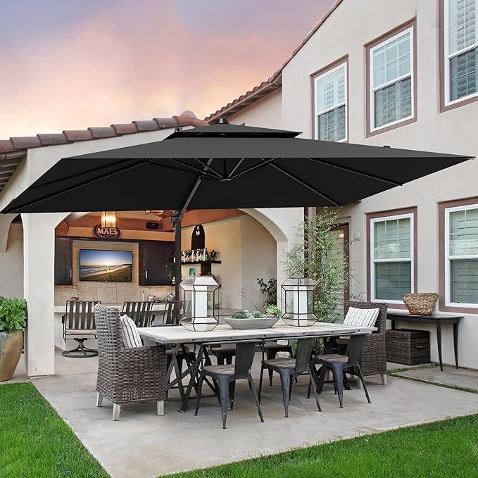 9x12FT Black Cantilever Outdoor Patio Umbrella with Base, Large Rectangular Offset Design, Double Top Heavy Duty Aluminum Frame & 360° Rotation for Pool Garden Deck Backyard