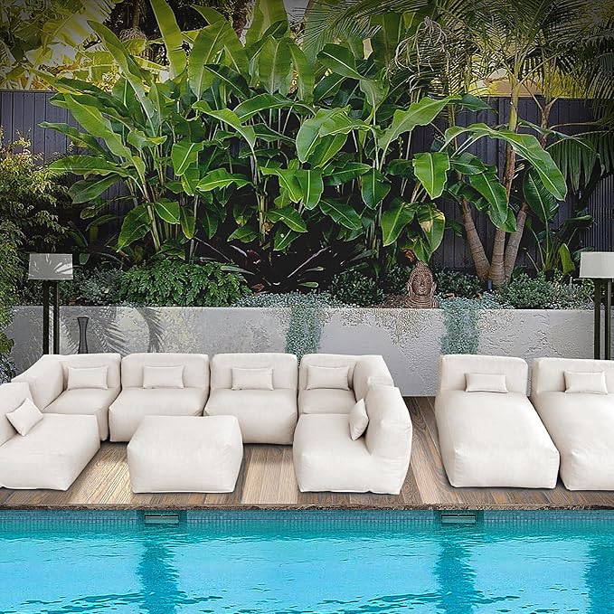 ANNYH Patio Eraclea 9PCS OUTDOOR Furniture Sectional Conversation Set - 2 Lounger 4Middle 2 Corner 1 Ottoman/Coffee-Expansion Foam Filling CHAIRS. UNIQUE Modular Contemporary Sofa (Light Beige)