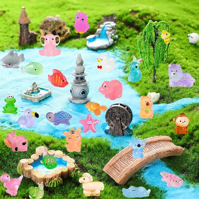 50 Pcs Luminous Mini Resin Animals Variety Pack, No Duplicates | Waterproof, Fade-Resistant DIY Craft Supplies for Fairy Garden, Aquarium, Terrarium