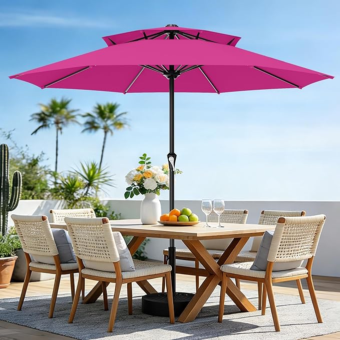 AreShark 11ft 2 Tiers Patio Umbrella - Outdoor Umbrella Waterproof UV Protection, Market Table Umbrella w/ 8 Sturdy Ribs&Crank for Pool, Porch, Garden(Rose Pink)