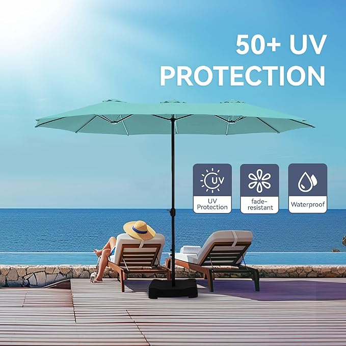 GREEN PARTY 15 ft Rectangular Patio Umbrella with Base Included, Large Double-Sided Outdoor Table Umbrella with Crank, 1.9" Pole UPF 50+ UV Resistant for Pool Deck Backyard Garden, Turquoise