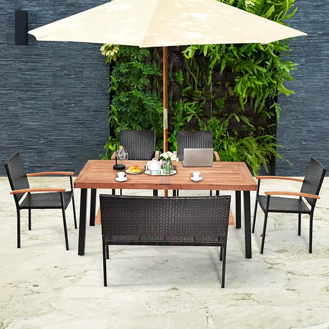 Tangkula 6 Pieces Wicker Patio Dining Set, Patiojoy Outdoor Dining Furniture w/ 1 Acacia Wood Tabletop Dining Table, 4 Stackable Chairs & 1 Rattan Bench, Backyard Garden Steel Frame Conversation Set