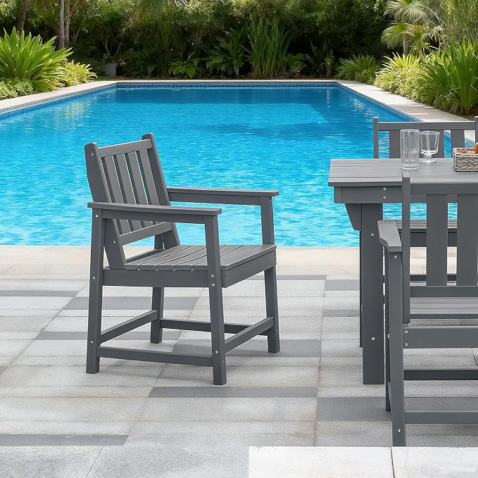 Outdoor Patio Dining Chair Set of 2, All-Weather HDPE Patio Chairs with Backrest and Armrest, 300 lbs Support Outdoor Furniture Chairs for Backyard, Garden, Deck, Grey