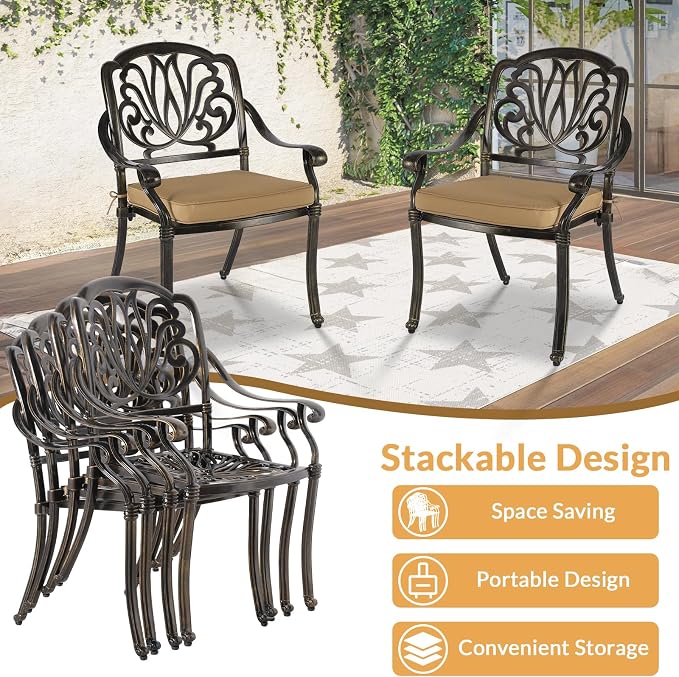 9 Piece Outdoor Patio Dining Set for 8, Cast Aluminium Large Square Dining Table & 2 Swivel Rocker Chairs, 6 Stationary, 8 Cushions, Umbrella Hole, Patio Furniture Set for Garden, Khaki
