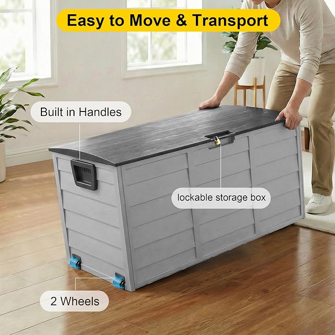 75 Gallon Resin Deck Box, Waterproof Anti-UV Lockable Outdoor Storage Bin for Patio Furniture Garden Tools, Heavy Duty Indoor Package Delivery Deck Boxes for Pillows Pool Cushions, Gray