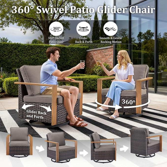 Outdoor Swivel Rocker Patio Chairs Set of 3, High Back Swivel Patio Chairs with Side Table & Metal Arm, Wicker Outdoor Bistro Set for Porch, Yard, Deck, Poolside, Grey