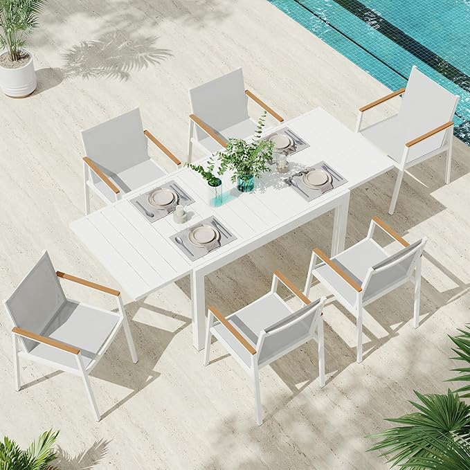 Outdoor Aluminum Patio Dining Table Set for 6 Person, Expandable Outdoor Table and 6 Chairs with Textilene Fabric & HDPS Armrest, All-Weather Patio Furniture Set for Yard, Garden, White