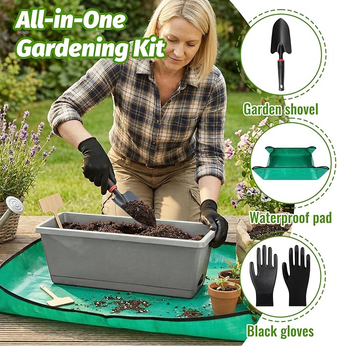 7 Pack Outdoor Planters, Plastic Rectangular Flower Pots with Saucers and Gardening Tools, 17 Inches for Indoor/Outdoor Plants, Herbs, Vegetables, Includes Trowel, Waterproof Mat & Gloves(Offwhite)